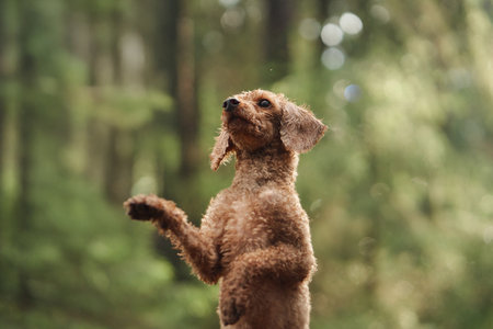 Poodle performing trick in forest lightの写真素材