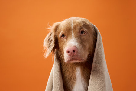 Nova Scotia Duck Tolling Retriever with towel on orange backgroundの写真素材