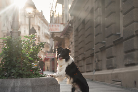Border collie in city squareの写真素材