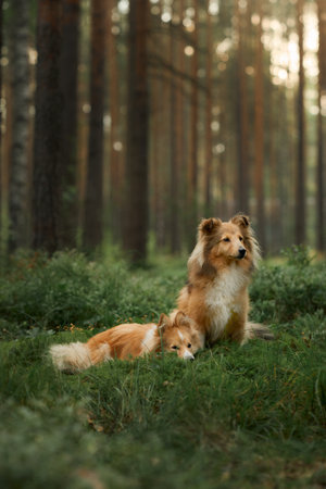 Two Collies in a forest clearing