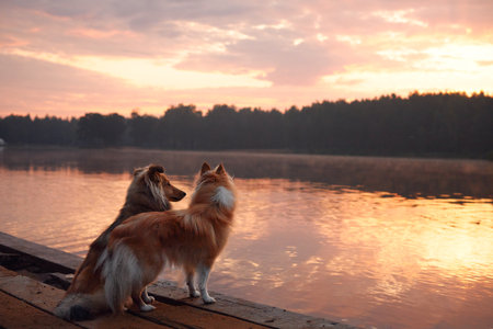 Two Collies relaxing at sunset on the dock