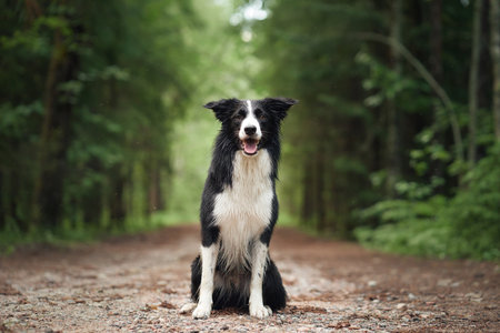 Border Collie on dirt path in forestの写真素材
