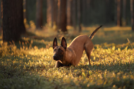 Malinois exploring forest floor