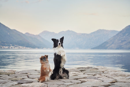 Two dogs gazing at the water together
