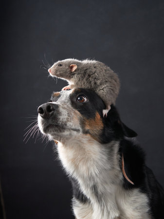 Dog Looking Up with a Rat on Its Headの写真素材
