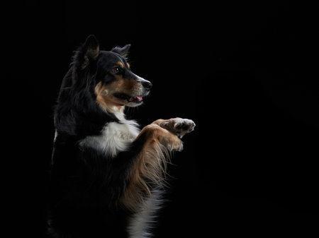 Border collie raising paw on black backgroundの写真素材