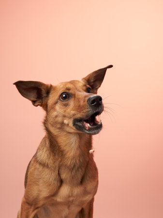Dog looking up against pink backdrop