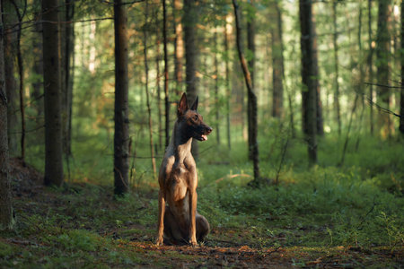 Malinois walking through forest lightの写真素材