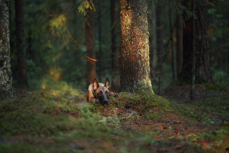 Malinois on forest floor in shadeの写真素材