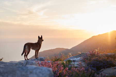Belgian Malinois in wildflower-dotted terrainの写真素材