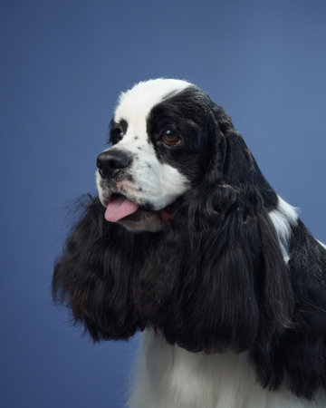 American Cocker Spaniel with tongue out on blue background