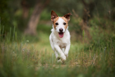 Running Jack Russell in grass field