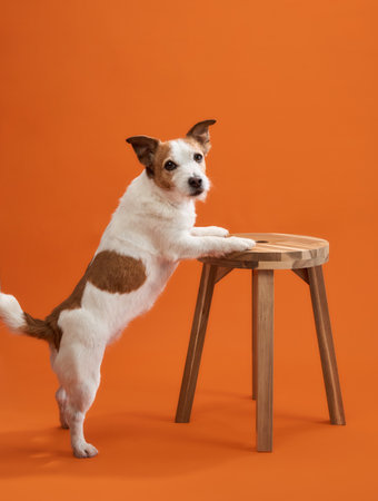 Jack Russell Terrier standing with paws on stoolの写真素材