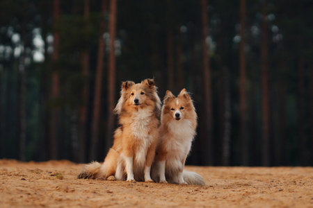 Collies on a sandy forested lakeshore