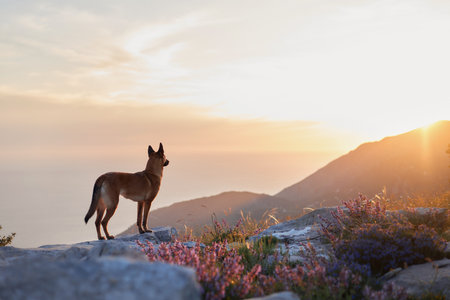 Belgian Malinois in wildflower-dotted terrainの写真素材