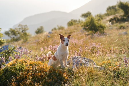 Jack Russell Terrier in a daisy field