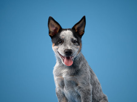 Blue heeler smiling on blue backgroundの写真素材
