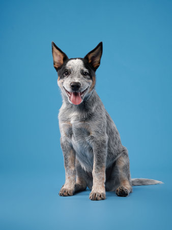 Blue heeler looking playful on blue backdropの写真素材