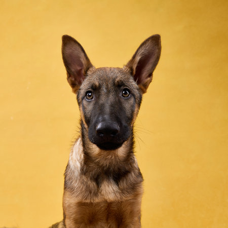 Wolfdog Puppy Front-Facing Portrait on Yellow Background