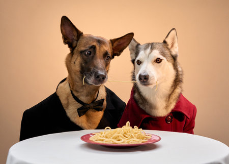 Stylish dogs dining together