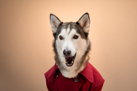 Stylish husky in red jacketの写真素材