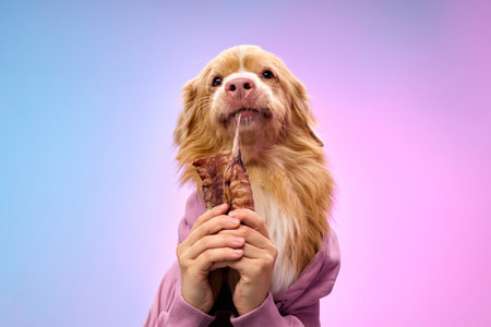 Retriever holding snack in pastel scene