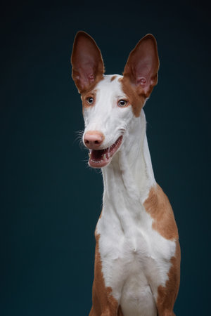 Ibizan Hound Portrait with Dark Blue Backgroundの写真素材