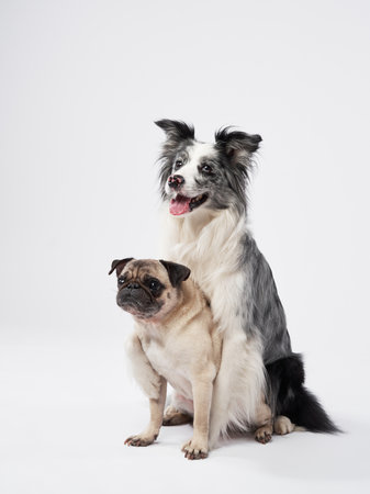 Pug sitting between Border Collies legsの写真素材