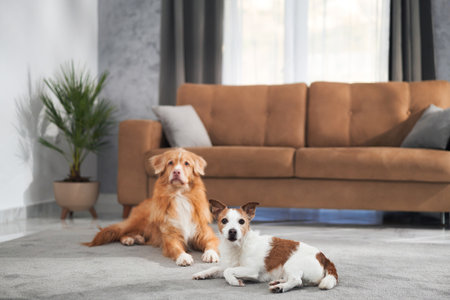 Toller retriever with Jack Russell on carpet