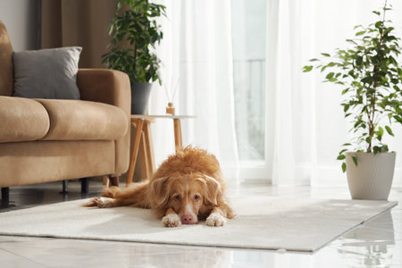 Retriever lying down in sunlightの写真素材