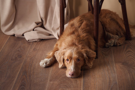 Nova Scotia Duck Tolling Retriever resting on wooden floor indoorsの写真素材