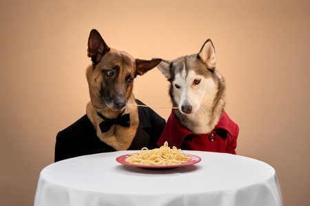 Elegant dogs at a dinner tableの写真素材