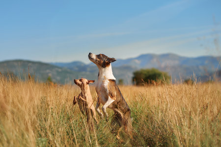 Dogs jumping in a grassy field