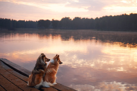 Collies watching the sunset near the water