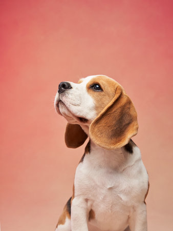 Beagle looking up on gradient backgroundの写真素材