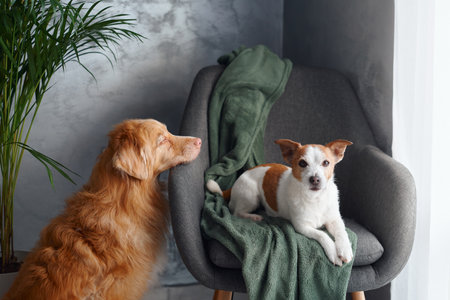 Nova Scotia Duck Tolling Retriever and terrier on chair