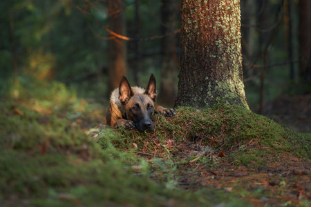 Malinois relaxing in dense forestの写真素材