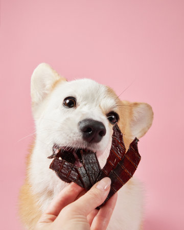 Corgi biting treat with focus on purple backgroundの写真素材