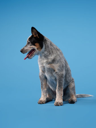 Blue heeler sitting attentively on blue backdropの写真素材