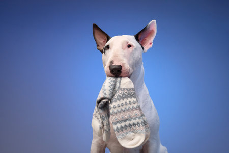 Bull Terrier in a sweater with a blue backgroundの写真素材