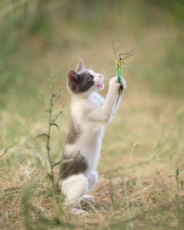 Kitten playing with green toy in grassの写真素材