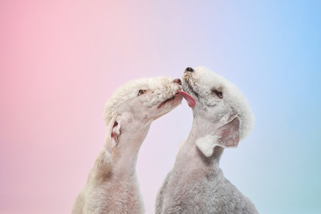 Pair of Bedlington Terriers interacting playfullyの写真素材