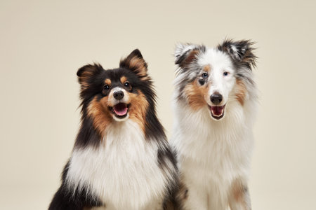 Shelti Dogs Sitting Side by Side with Friendly Expressionsの写真素材