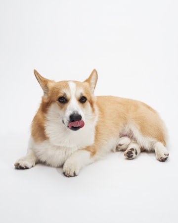 Corgi lying with tongue outの写真素材