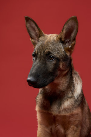 Wolfdog Puppy Staring Straight on Red Backgroundの写真素材