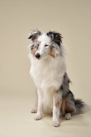 Shelti Sitting Gracefully on a Neutral Backdropの写真素材