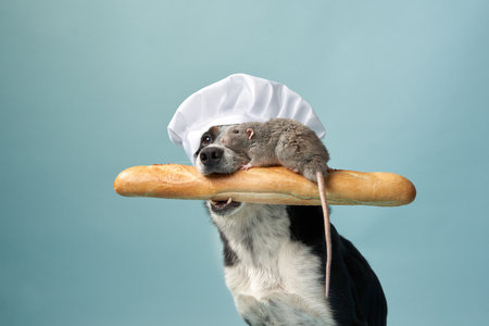 Dog wearing chef hat holding baguetteの写真素材