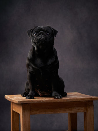 Black pug sitting on a wooden stool against a dark backgroundの写真素材