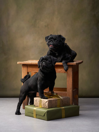 Two black pugs on a wooden stool in a vintage settingの写真素材
