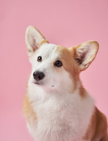 Corgi with focused expression on pink backgroundの写真素材